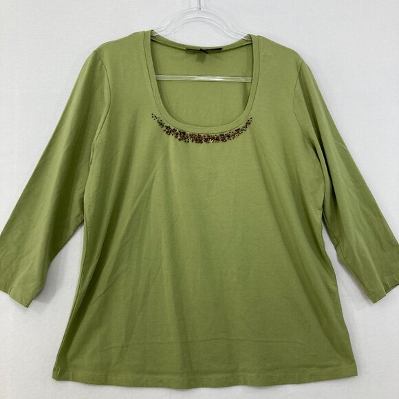 Kasper Tops - Kasper size 1X Green Square Neck Embellished Stretch Knit 3/4 Sleeve Fitted Top